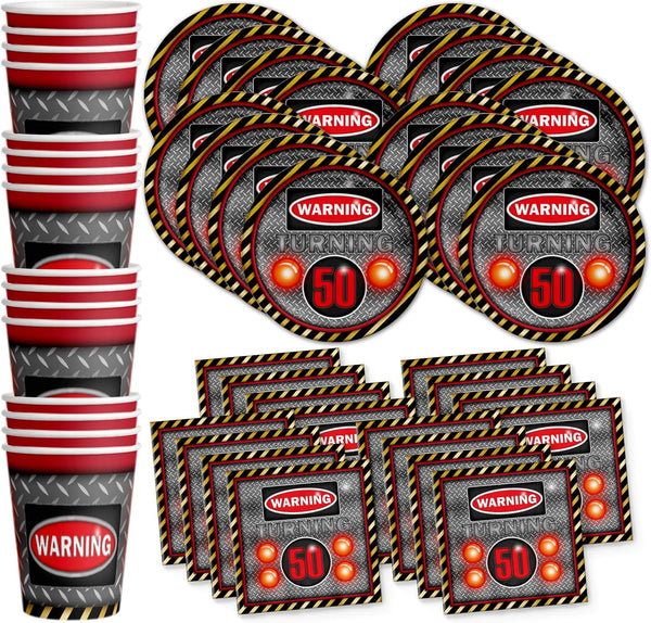 Warning Sign 50th Birthday Party Supplies Set, Plates Napkins Cups Tableware Kit for 16