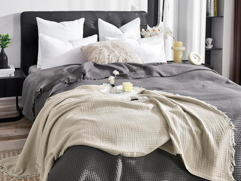 KyraHome 100% Organic Cotton Muslin Blankets, 50"x60" Lightweight Plant-Dyed Throw Blanket (Oatmeal Khaki)