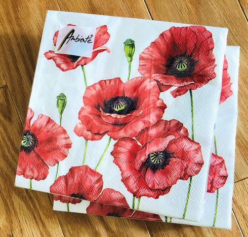 20-ct Decorative Valentine's Napkins Red Poppy Floral Paper for Mother's Father's Day Gorgeous Lunch Dinner 6.5 x 6.5 x