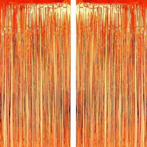 Orange Party Tinsel Foil Fringe Curtains for Fall, Thanksgiving, Halloween, Birthday, Wedding Photo Booth Decorations