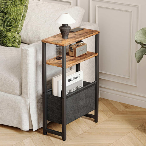 3 LET503R Narrow Side Table, Slim End Table with Magazine Rack, Bedside Table for Small Spaces, Tier Sofa Couch Table