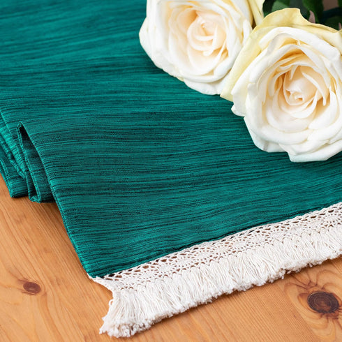 Teal Green Kitchen Table Runners with Macrame Lace Boho Decor (Pack of 1, 13x90 inch) - Properly Finished, No Fray Edges
