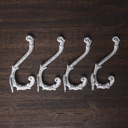CRAFTSMAN ROAD Vintage Cast Iron Wall Hooks, Antique White Finish, Set of 4 - Rustic Coat Hooks for Coats, Bags, Towels