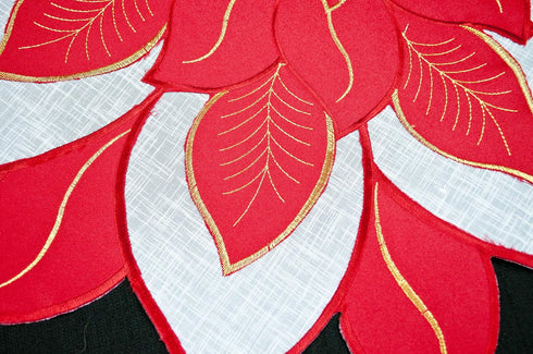Embroidered Holiday Christmas Doily Placemat, Red White and Gold Star Poinsettia Small Table Topper (24 Inch)
