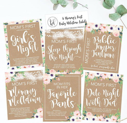 Hadley Designs 6 Mommy's First Milestone Stickers or Wine Labels for New Baby Girl or Boy