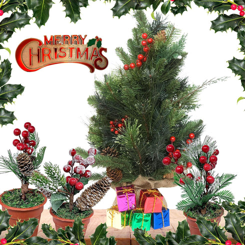 Christmas Tabletop Decorative Pots Set of 3 with Pine Red Berries, Pine Cones Greenery - Snow Flocked Xmas Holiday Decor