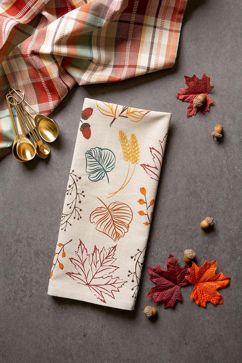DII Fall Basics Kitchen Dishtowel Collection, 2 Count, Printed & Plaid Fall Dish Towel Set, 18x28, Autumn Leaves