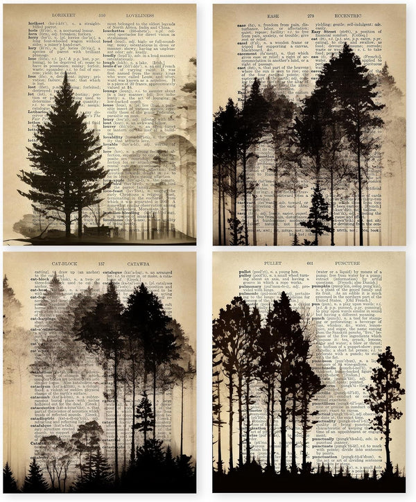 HRQKO Vintage Forest Wall Art: Set of 4 Black Landscape Prints for Farmhouse Living Room