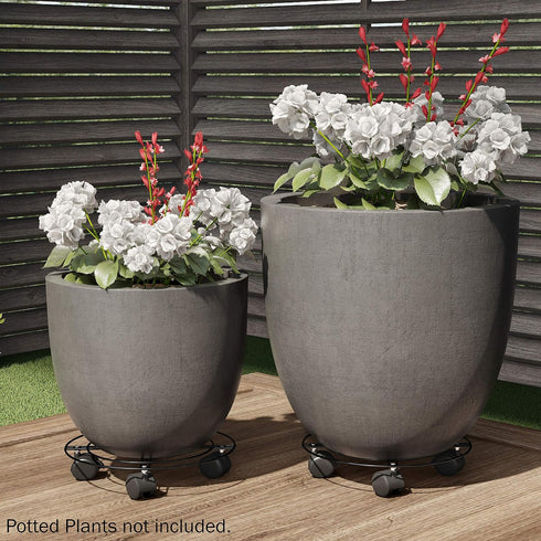 Set 2 12 Metal Plant Caddy- of Round Pot Stand on Wheels- Black Rolling Tray, Locking Casters, Rustproof