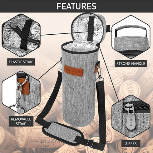 opux Single Bottle Wine Bag Carrier Tote, Insulated Cooler Bag for Travel, Picnic, Beach, Heather Light Gray