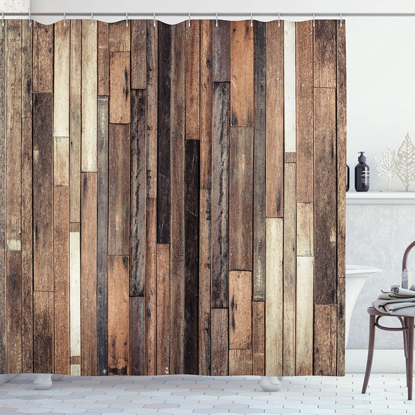 Ambesonne Wooden Shower Curtain Set, 69" W x 75" L, Brown - Farmhouse Style Bathroom Decor with Hooks