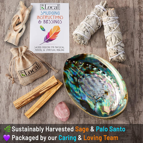 Perfect Unity Smudging Kit - 2 White Sage Smudge Sticks + 2 Palo Santo Sticks + Abalone Shell Bowl + Rose Quartz