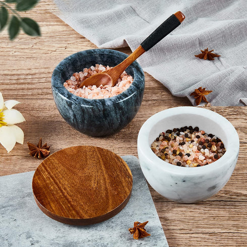 MarcZero Large Salt Box Spice Seasonings Keeper Pepper Container,Marble Base with Wooden Cover,Salt Cellar Big Capacity