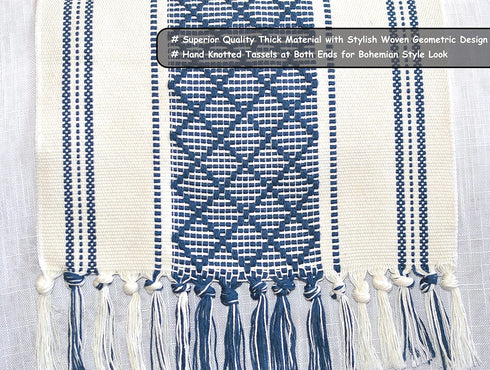 14 72 Inches, Boho Table Runner with Tassel x Blue & Cream, Woven Washable Dresser Scarf and Topper for Bedroom