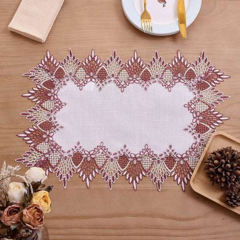 14x20 Set 2 (Set 2, White Dark Red Linen Lace Placemats of Coffee Table Topper Dresser Scarf Place Mats of Dark Red)