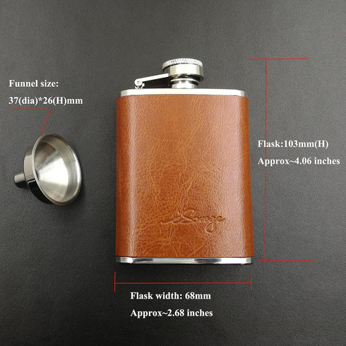 3oz Brown Red Leather Wrapped Hip Flask with Funnel, 18/8 Stainless Steel (YM102)