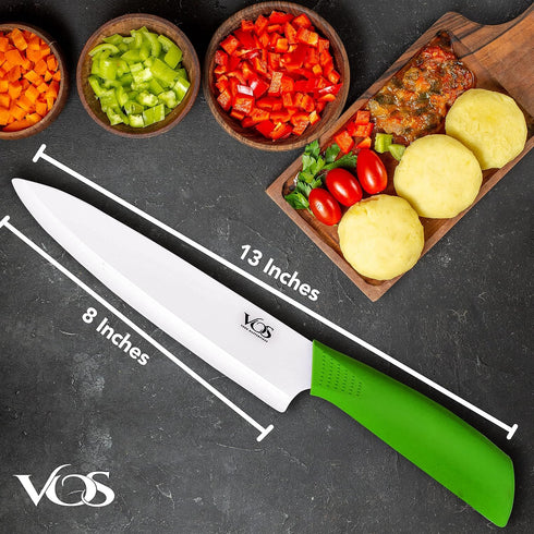 Vos Ceramic Chef Knife, 8 Inch with Protection Cover, Lightweight Zirconia Blade, Green