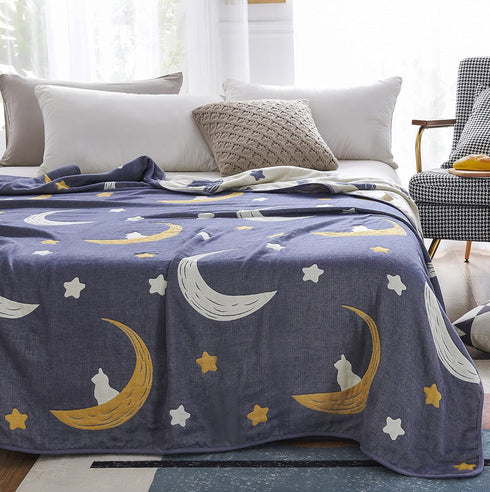 J-pinno 100% 6 58" 80") Bright Moon Stars Muslin Blanket Reversible Cotton Layer Quilt Bed Blanket Soft Warm Throw Sofa