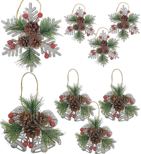 Pinecone Berry Pine Twig Christmas Ornaments, Set of 8, Glittered Snowflakes and Bells with Pine Cones and Red Berries