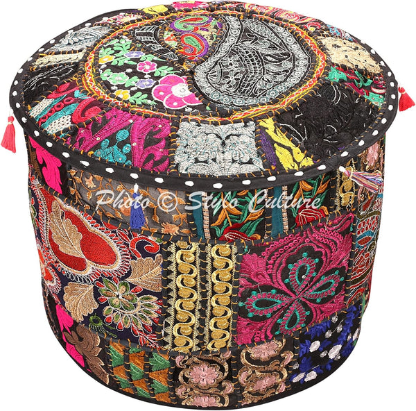 Bohemian Living Room Pouf Cover, Round Patchwork Embroidered Ottoman, Black Cotton Floral, 18x18x13