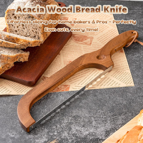 ISAIDNO 14.5" Bread Knife for Homemade Bread, Wooden Sourdough Bread Knife, Sourdough Bread Slicer, Bow Design, Easy