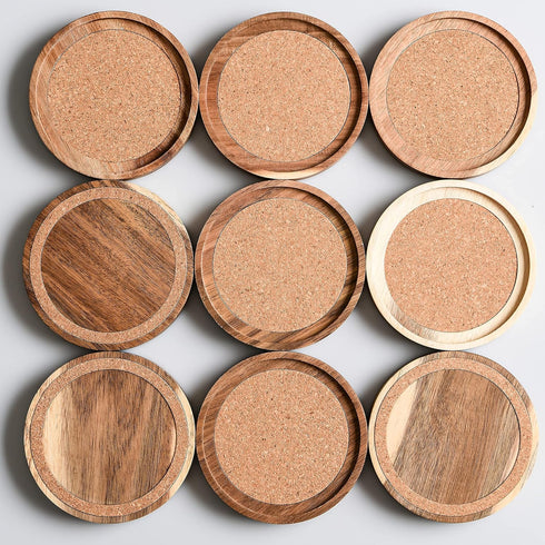 4.13 Inch, Set 6, S1EGAN Acacia Wood Coasters for Drinks, of Absorbent and Insulation Cork Stackable Cup Holders