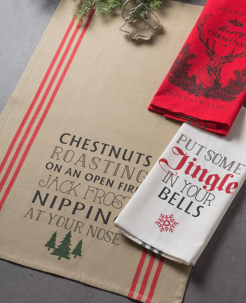DII Holiday Collection Vintage Print Dishtowel Set, 18x28, Christmas Stag, 3 Piece for Kitchen Use