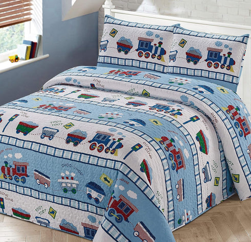 Kids Zone Home Linen 3pc Full/Queen Bedspread Coverlet Quilt Set for Boys Multi-Color Train Choo-Choo Rail