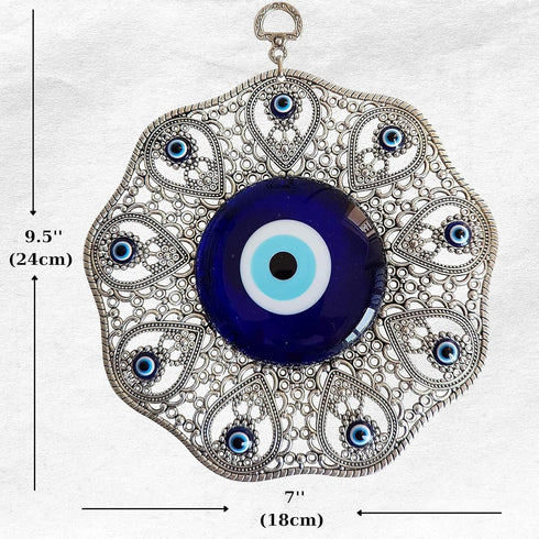 Turkish Glass Blue Evil Eye Wall Hanging Ornament - Metal Home Decor Amulet for Protection and Good Luck Gift