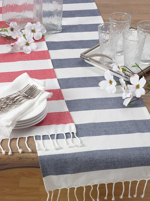 SARO LIFESTYLE Cabana Collection Cotton Stripes Tasseled Runner - 16" x 72", Navy Blue