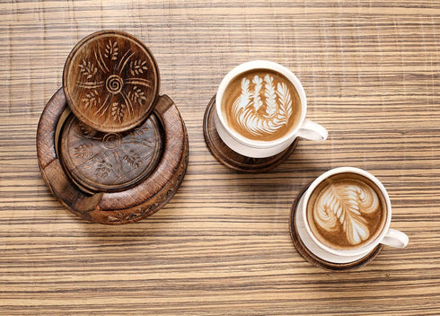 Set 6 Handmade Wooden Coaster of with Lotus Shaped Holder Rustic Drink Coasters for Tea, Coffee, Wine, Bar & Home Decor