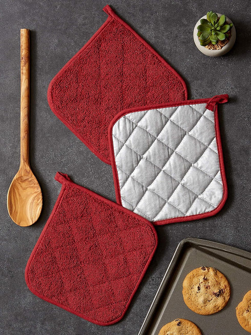 DII Basic Terry Collection Quilted Potholder - 100% Cotton, Barn Red, 3 Piece