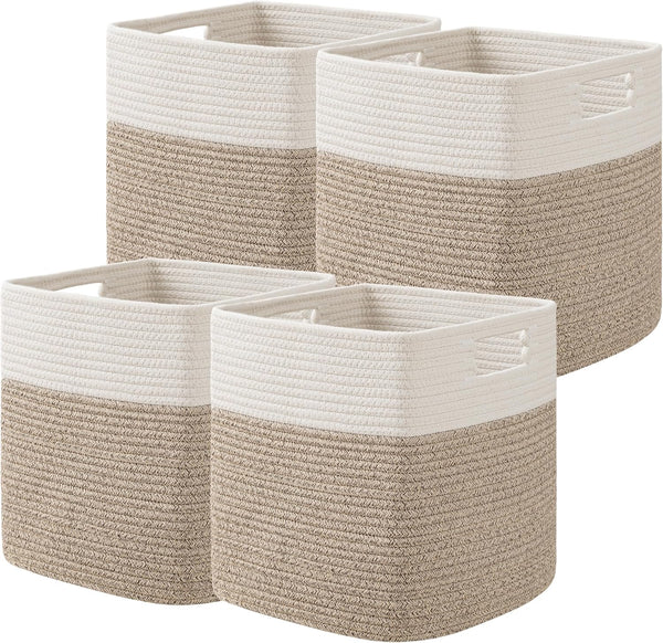 UBBCARE Cotton Rope Storage Basket Set of 4, 11 x 10.5 x 10.5 In, Woven Organizing Bins with Handles, White/Brown