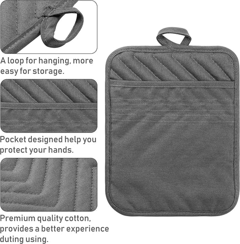 GROBRO7 5Pack Pocket Pot Holders, Cotton Heat Resistant Potholder, Machine Washable Oven Mitts, Grey