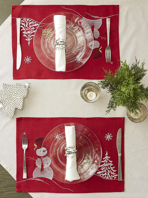 DII Christmas Kitchen Embroidered Table Décor Collection, Snowman Placemat Set, 13x19, Red, 4 Piece