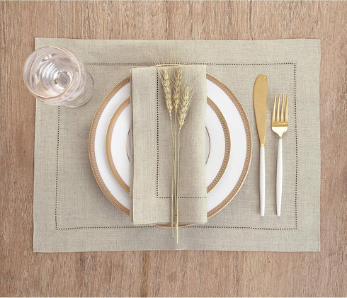 Solino Home Linen Placemats Set of 4 - Classic Hemstitch Natural Table Mats, 14 x 19 Inch, 100% Pure Linen