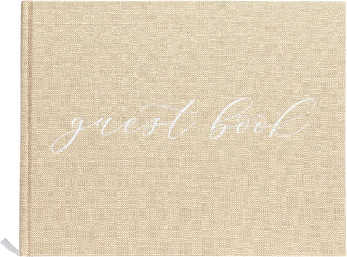 Pearhead Linen Wedding Guest Book with White Script - Classic Elegant Wedding Decor, 100 Pages, 7"x9", Beige Burlap,