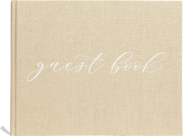 Pearhead Linen Wedding Guest Book with White Script - Classic Elegant Wedding Decor, 100 Pages, 7"x9", Beige Burlap,