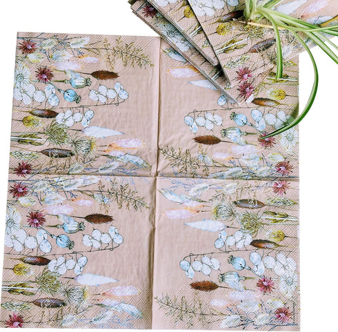 20 Counts 6.5 x 6.5 inches 3-Ply Tan Floral Decorative Napkins for Decoupage, Eco-Friendly & Biodegradable Nature
