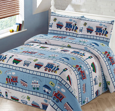 Better Home Style Red White and Blue Choo Choo Train Railroad Tracks Kids/Boys/Toddler Coverlet Bedspread