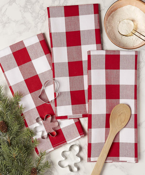 DII Buffalo Check Kitchen Collection, Classic Farmhouse Dishtowel Set, 20x30, Red & White, 3 Piece
