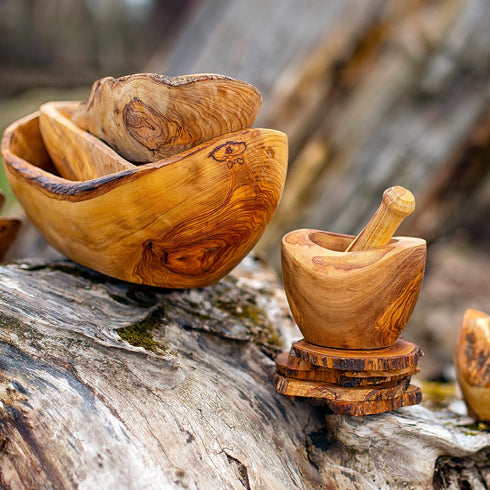 Set Forest Decor Olivewood Mortar and Pestle - Premium Wood Herb and Spice Grinder - Essential Kitchen Accessories