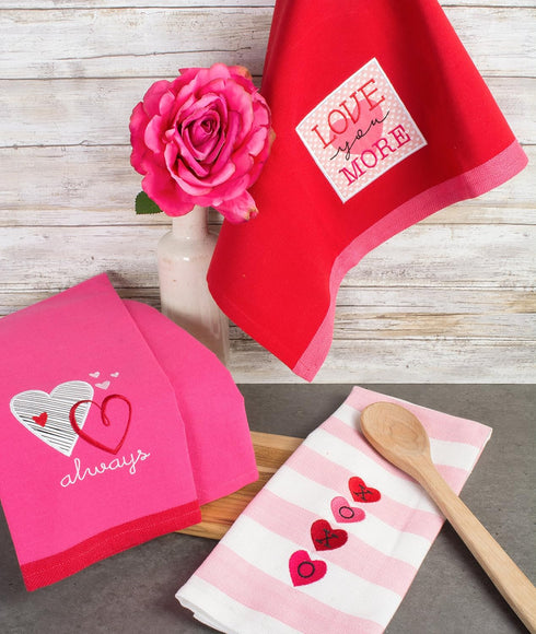 DII Valentine's Day Collection Kitchen Dishtowel Set, 3 Piece, 18x28, Embellished Hearts