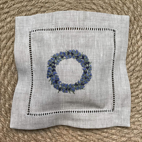 Hand Embroidered Lavender Pillow Sachet Bag “Lavender Crown” – Natural Linen Cushion 6"x6", Set of 3