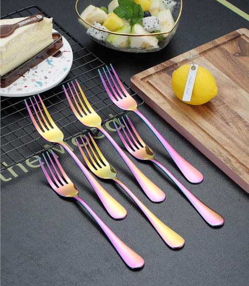 Kyraton 6 Pieces Rainbow Dinner Fork Set - Stainless Steel 8.17 Inch Colorful Titanium Plating Silverware
