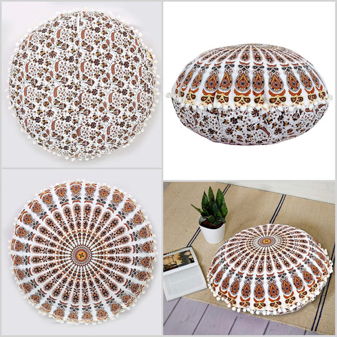 22" Indian Consigners Floor Cushion Covers Round Mandala Ombre Zipped Ottoman Cover