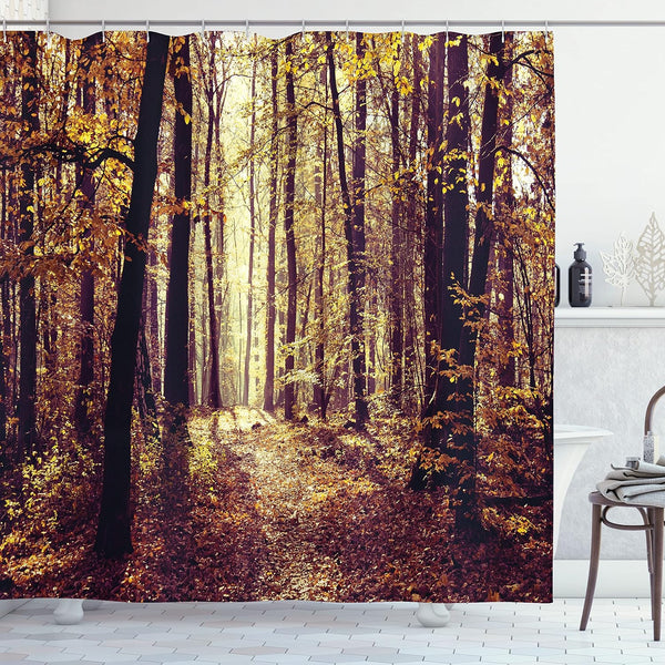 Ambesonne Forest Shower Curtain, Misty Woods Tree Nature Landscape Image, 69" W x 70" L, Pale Yellow