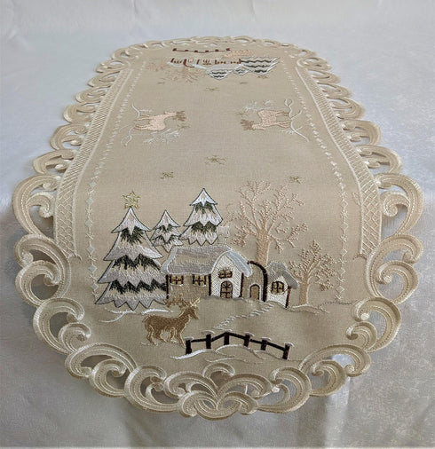 Christmas Table Runner with Reindeer and Cabin, Tan Burlap Style Material, Size 34 x 15 inches
