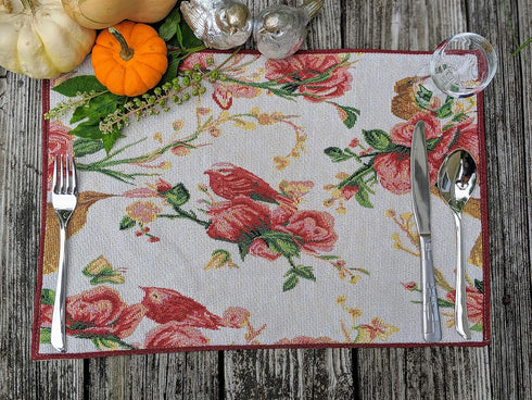 Tache Spring Placemats Set of 4 Floral Sweet Red Roses Birds Shabby Chic Vintage Tapestry Kitchen Dining Linens