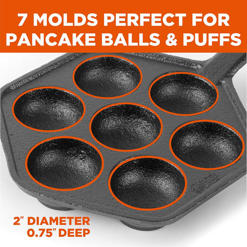 Commercial CHEF Cast Iron Danish Aebleskiver Pan, Preseasoned Cookware for Pancake Puffs, Makes 7 Pancake Balls